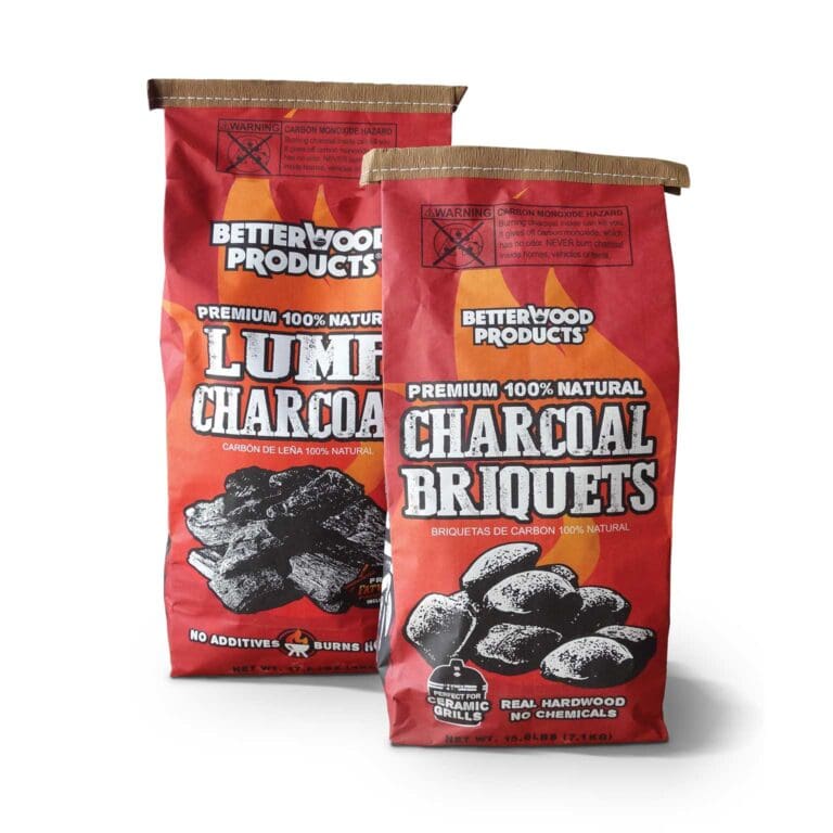 Bags of Better Wood Products lump charcoal and charcoal briquets