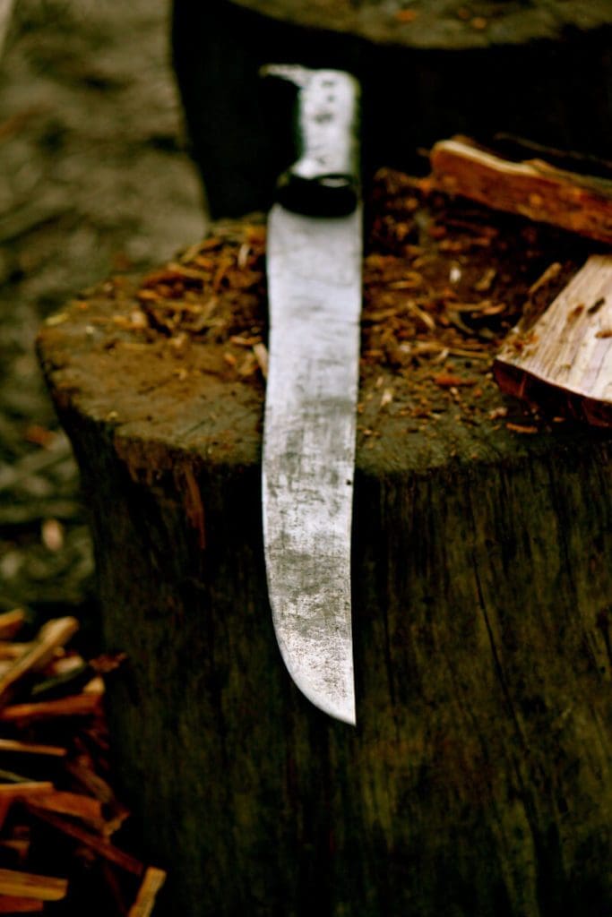 machete on stump with fatwood